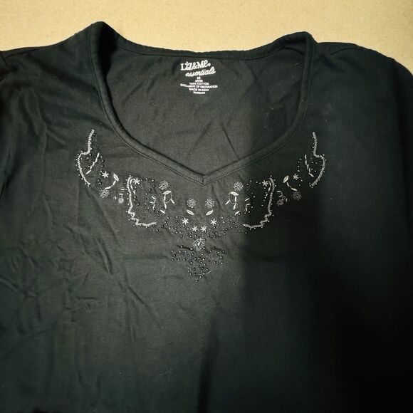 LIZ & ME CATHERINES Black Beaded Embroidered Shirt 3/4 Sleeve Plus Size 26/28 - Picture 2 of 7